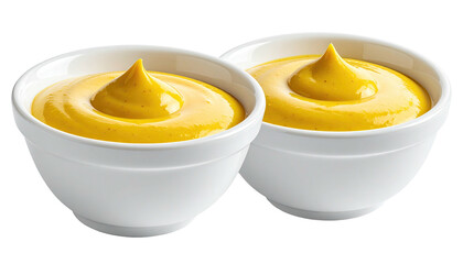 Two small white bowls, each filled with bright yellow mustard