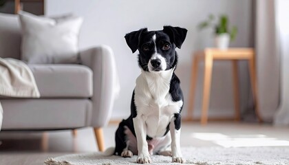 A black and white dog sits attentively on a light-colored rug in a bright, modern living room, with a sofa and a side table visible in the background.