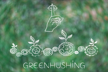 greenhushing illustration with shush hand and green gearwheel mechanism