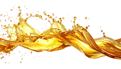 Golden liquid splashes and curls against a black background