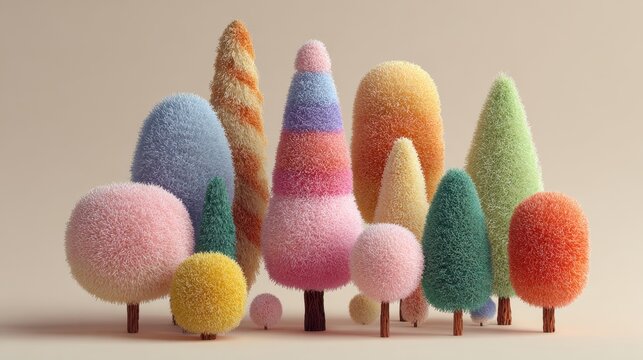 A collection of fluffy pastel colored trees stands together showcasing varied shapes and heights creating a delightful forest.