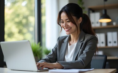 happy business woman using laptop in office. High quality
