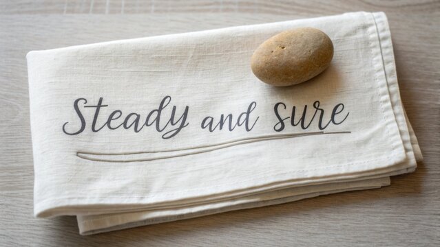 Decorative linen fabric with inspirational quote and smooth pebble resting on a wooden surface for home decor or wellness theme