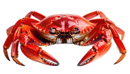 Gleaming, bright red crab, claws forward, on a black backdrop