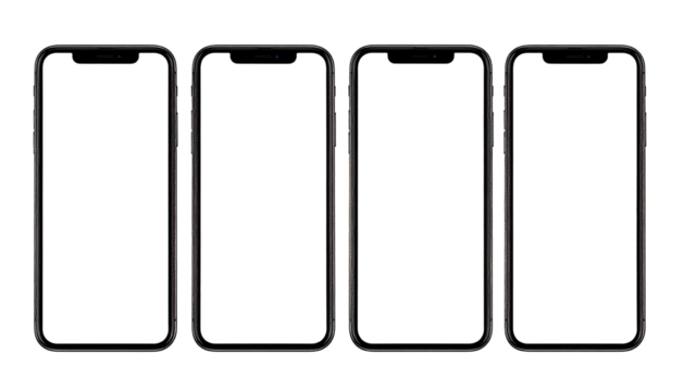 Four dark smartphone screens, standing side-by-side