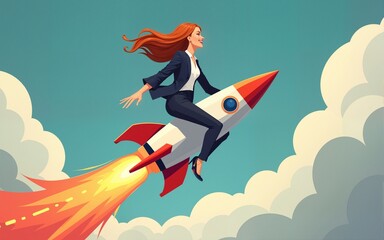 A stunning illustration of a smiling business woman on a rocket. High quality