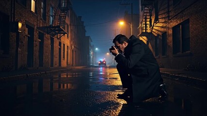A dedicated photographer captures the hushed mystery of a rain-slicked urban night, crouching low to frame dramatic reflections and deep shadows under the distant city glow - Powered by Adobe