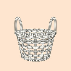 Woven wicker basket with handles, isolated on a light peach background