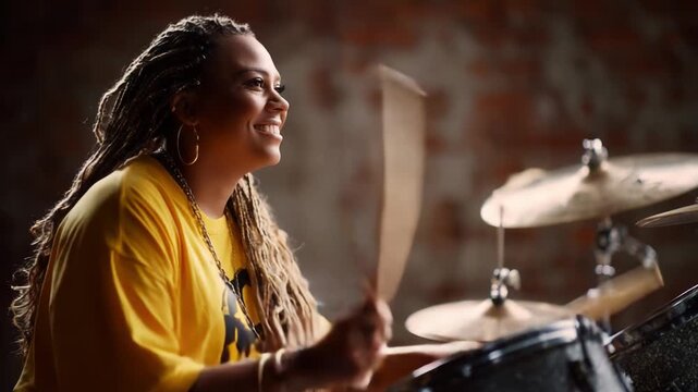 Dynamic Female Drummer Energetically Playing in a Studio Setting, Showcasing Passion and Expression Through Music, Highlighting Joy and Rhythm in Every Beat.