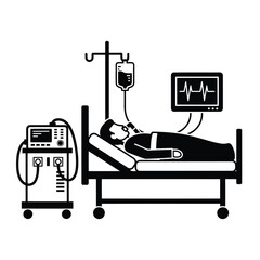 Patient in hospital bed with medical equipment, including iv drip and heart monitor, representing healthcare and recovery