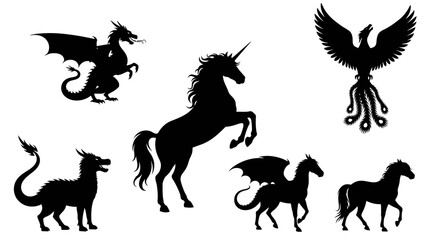 Naklejka premium Mythical Creatures Silhouette Set Dragon Unicorn Pegasus Phoenix Graphic Elements