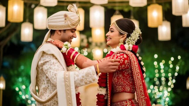 Caucasian man and woman performing traditional indian wedding customs, including garlands and anointing during diwali celebration footage.