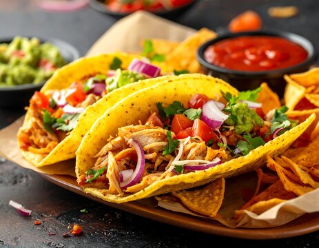 Two delicious tacos on a plate with various toppings and sides, including tortilla chips and salsa