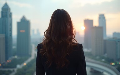 Back view of a young business woman looking at the cityscape. High quality