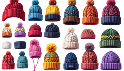 Colorful knitted winter hats with pom-poms on black background