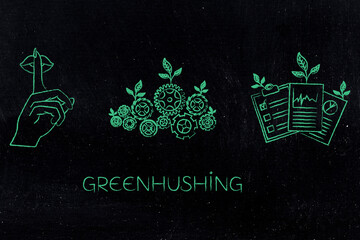 greenhushing illustration with shush hand and green gearwheel mechanism and docs