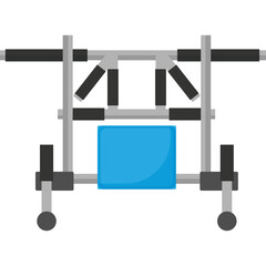 Industrial metal frame with blue square component and black handles on wheels detailed vector illustration with transparent background