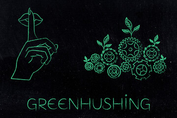 greenhushing illustration with shush hand and green gearwheel mechanism