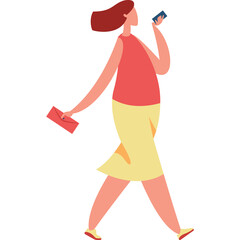 Illustration Of A Woman In A Red Top And Yellow Skirt Walking While Holding A Small Red Clutch And A Mobile Phone