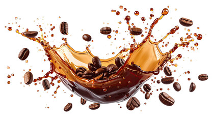 Coffee splash with scattered beans. Dark background. Art