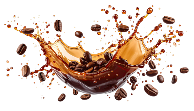 Coffee splash with scattered beans. Dark background. Art