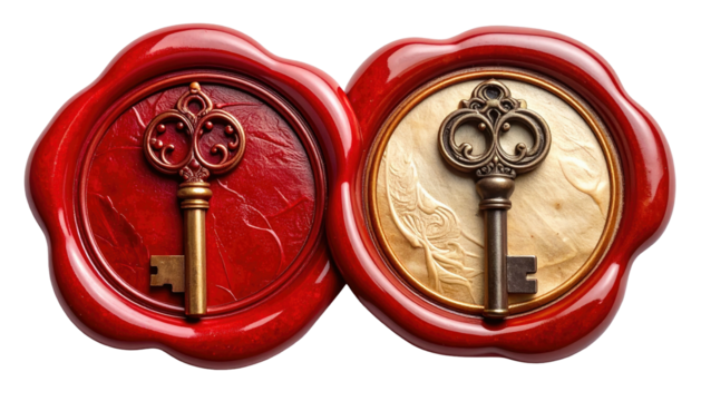 Two wax seals, each featuring a decorative antique key
