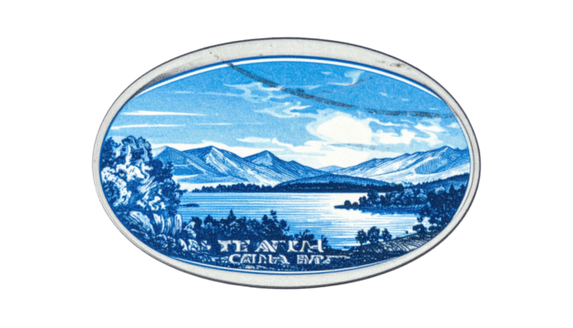 Oval vignette of serene lake, mountains, and cloudy sky