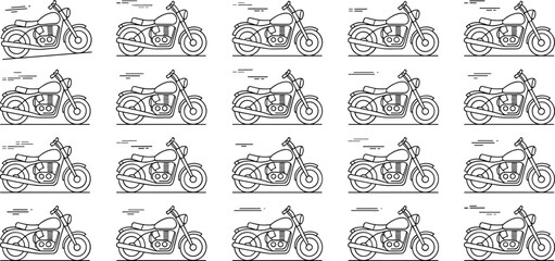 Line art motorcycle vector icons, cruiser bike illustrations, vintage transport, minimal outline drawing, fast riding motorbike silhouette design pack