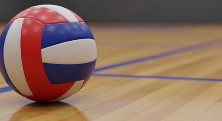 A vibrant volleyball rests on a polished wooden gymnasium floor