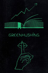 greenhushing illustration of a shush hand gesture next to green corporate agenda with upward arrow