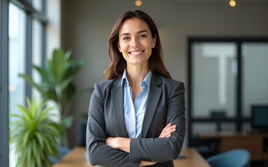 Attractive middle aged businesswoman standing with arms crossed at the office. High quality