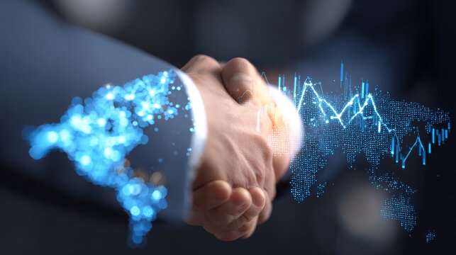 Dynamic handshake symbolizes global business success with digital world map and financial analytics overlay