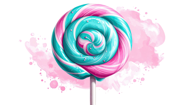 Swirled pink and turquoise lollipop on watercolor background - Powered by Adobe