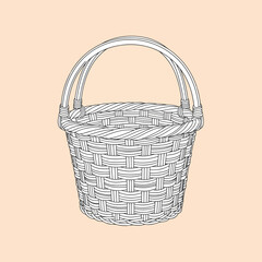 A handdrawn illustration of a woven basket with a handle, isolated on a light peach background