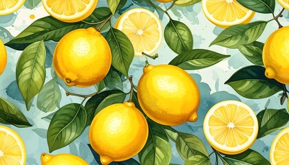 Vibrant illustration of whole lemons and lemon slices with leaves on a light blue background