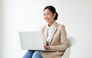 Young business woman asian happy smiling. While her using laptop sitting on white chair and looking isolate on copy space studio background. High quality