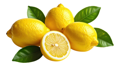 Lemons and leaves, including a slice. Fresh citrus arrangement