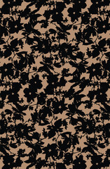 Abstract solid vector textile design, arrangement with small silhouette hibiscus flower, all-over seamless pattern with black and orange tone color illustration, digital image printing factory