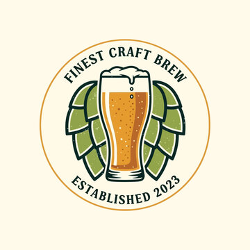 Vintage craft beer logo with a pilsner glass and hop wings emblem.