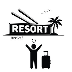 Silhouette of a person with a suitcase arriving at a resort with a palm tree and birds flying in the sky
