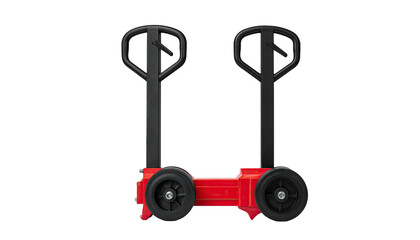 Two red hand pallet trucks against a black background