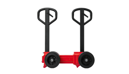 Two red hand pallet trucks against a black background