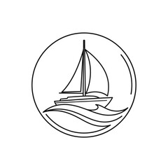 Minimalist Line Art Sailboat on Waves in Circle.