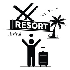 Silhouette of a person with a suitcase arriving at a resort with a palm tree and birds flying in the sky