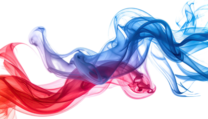 Abstract smoke swirls with red and blue hues, against black