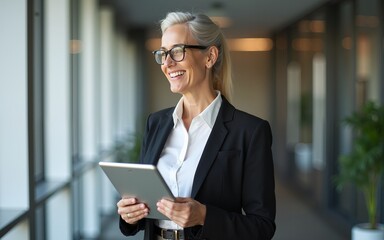 Smiling mature professional business woman bank manager, older happy female executive or lady entrepreneur holding digital tablet pad standing in office at work, looking away at copy space