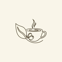 Minimalist Line Art Coffee Cup with Leaf and Beans.