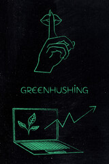 greenhushing illustration of a shush hand gesture and laptop with leaves and upward arrow