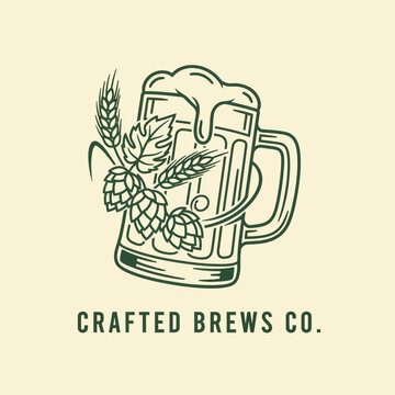 Crafted Brews Co. Logo Featuring Beer Mug Hops and Barley.
