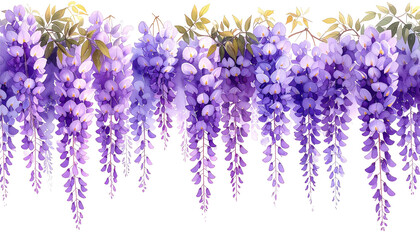 Hanging wisteria blooms in cascading, watercolor style